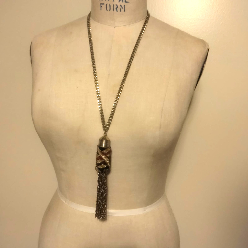 Iris Apfel & Bajalia Gold Brown Rust Metal Beaded Tassel Statement Necklace